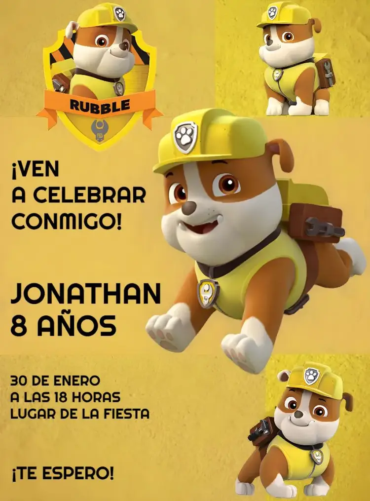 Invitación Rubble Patrulla Canina Rocky