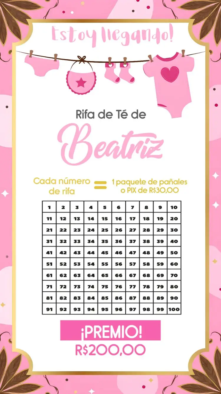 Invitación Té Rifa Tendedero De Ropa Premio – tema Té Rifa rosa, dorado, infantil, delicado, moderno, divertido