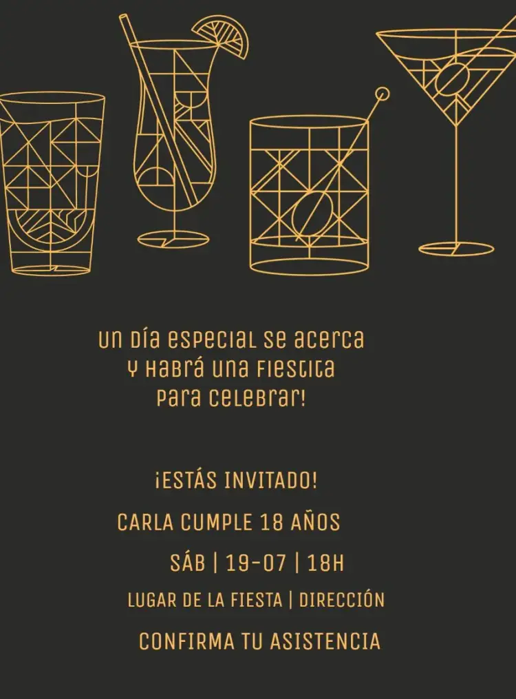 Invitación Cóctel Fiesta Bebidas Dorado