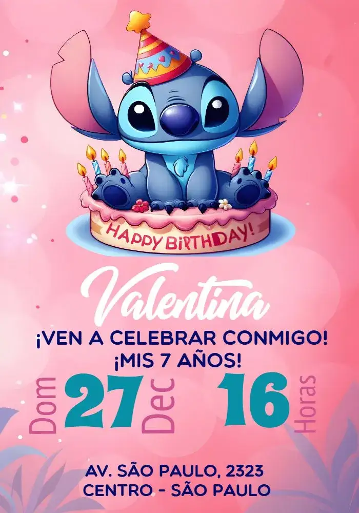 Invitación Stitch Rosa – tema Más buscados rosa, lindo, brillante, infantil, temático, divertido