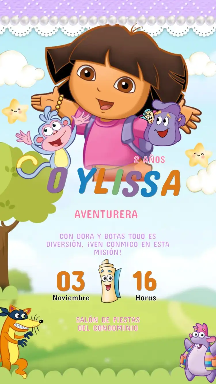 Invitación Invitación Cumpleaños Infantil Dora la Exploradora – tema Cumpleaños Infantil colorido, lúdico, infantil, aventura, divertido, temático