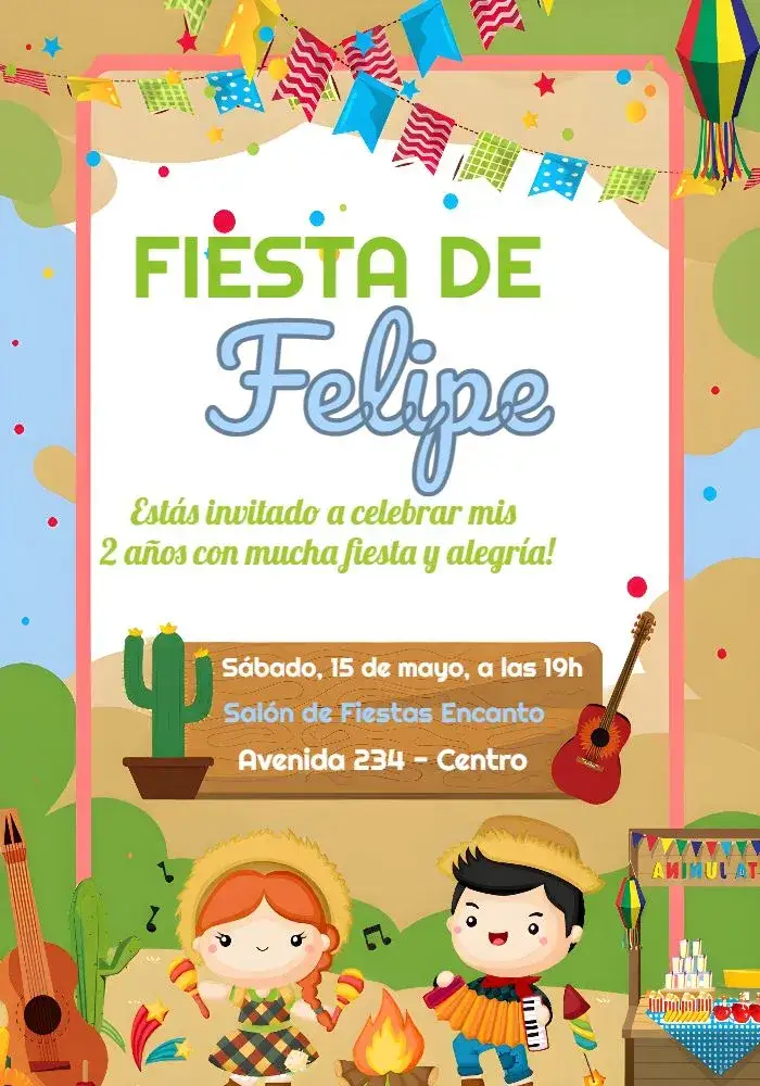Invitación Arraiá Fiesta Junina Amarillo – tema Fechas Conmemorativas vibrante, lúdico, colorido, temático, festivo