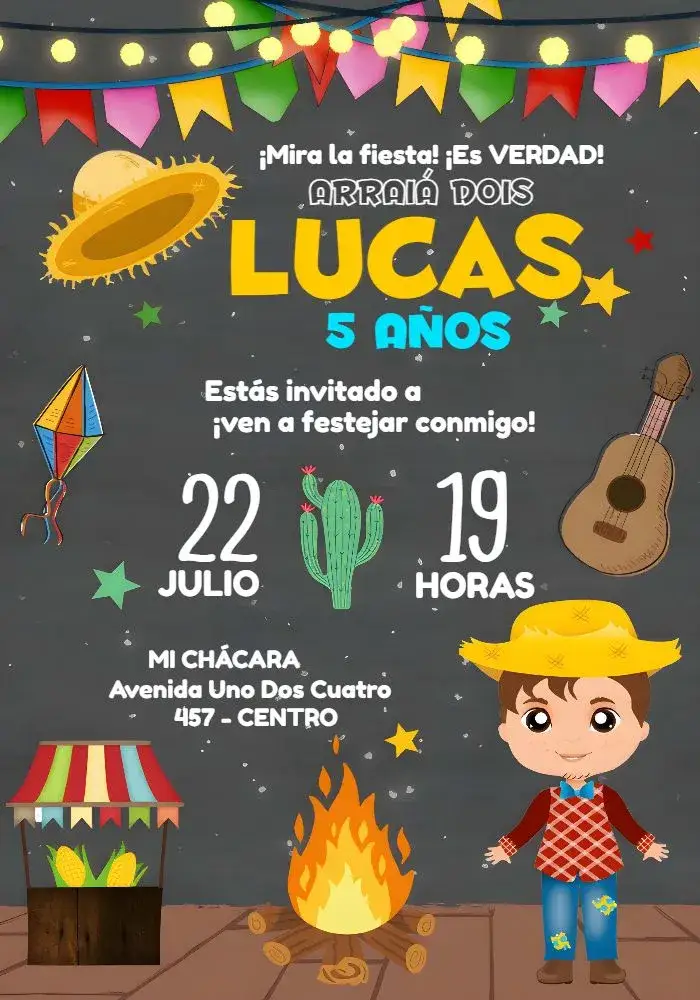 Invitación Arraiá João – tema Fechas Conmemorativas junino, colorido, divertido, rústico, infantil, festivo