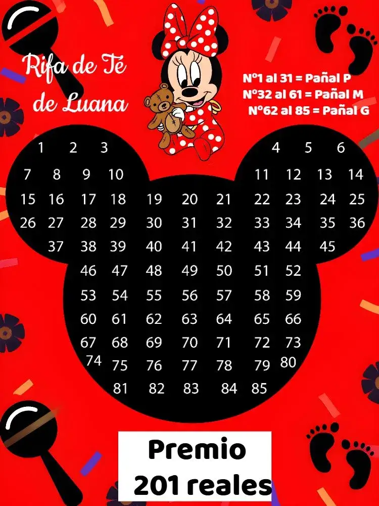 Invitación Té Rifa Minnie Mouse 85 – tema Té Rifa rojo, negro, blanco, infantil, temático, divertido