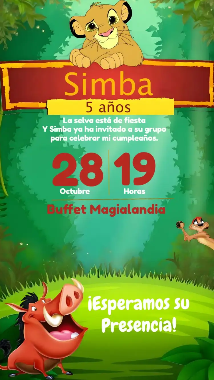 Invitación Rey León Reileón – tema Cumpleaños Infantil selva, colorido, aventura, Disney, vibrante