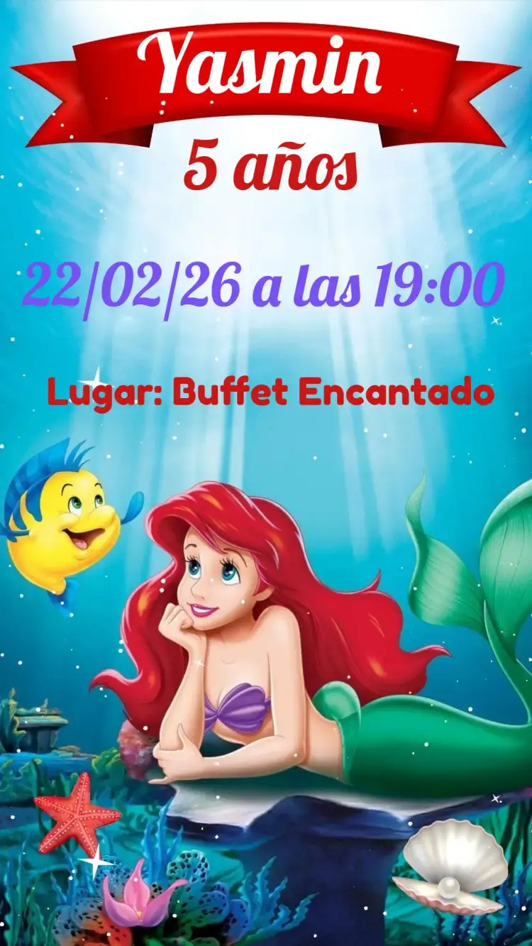 Invitación Sirena Ariel – tema Cumpleaños Infantil colores vibrantes, elementos marinos, estilo divertido, diseño encantador, estilo lúdico