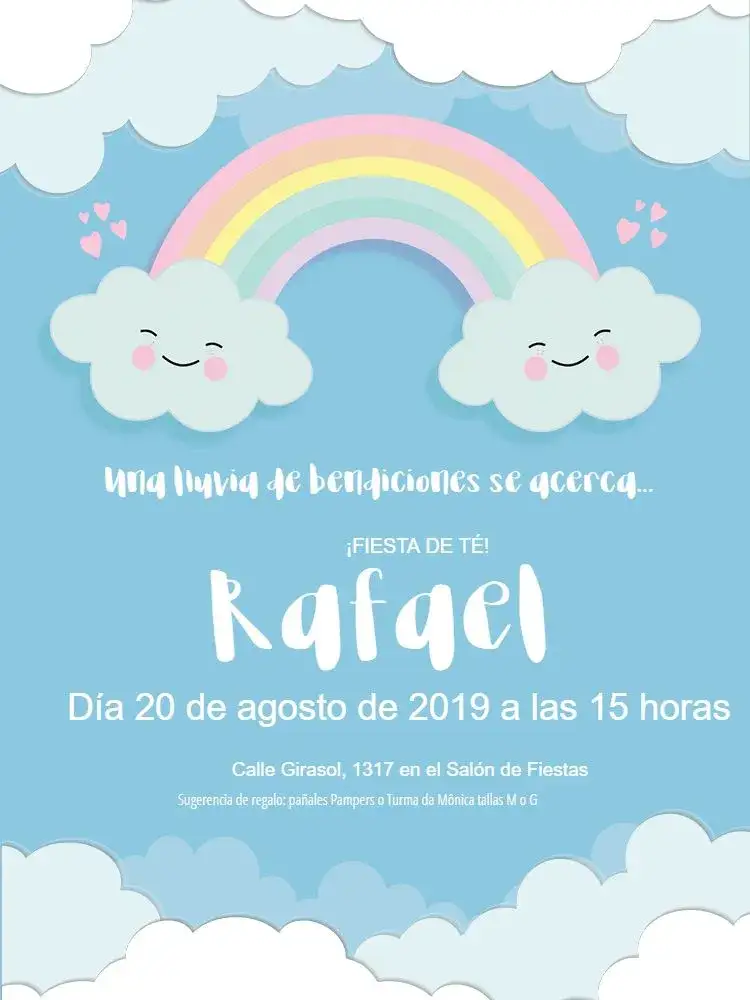 Invitación Lluvia De Amor Carita – tema Baby Shower infantil, colorido, tierno, nubes, corazón, alegre