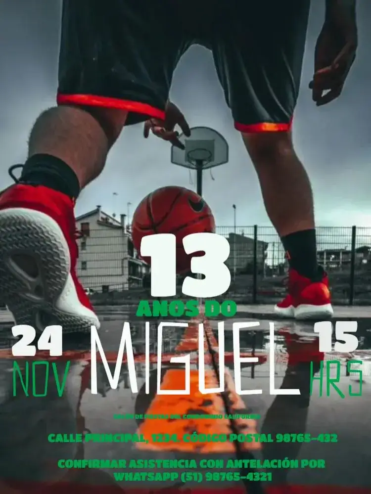 Invitación 13 Años Baketbol Garrafón – tema 15 años deportivo, moderno, colorido, dinámico, joven