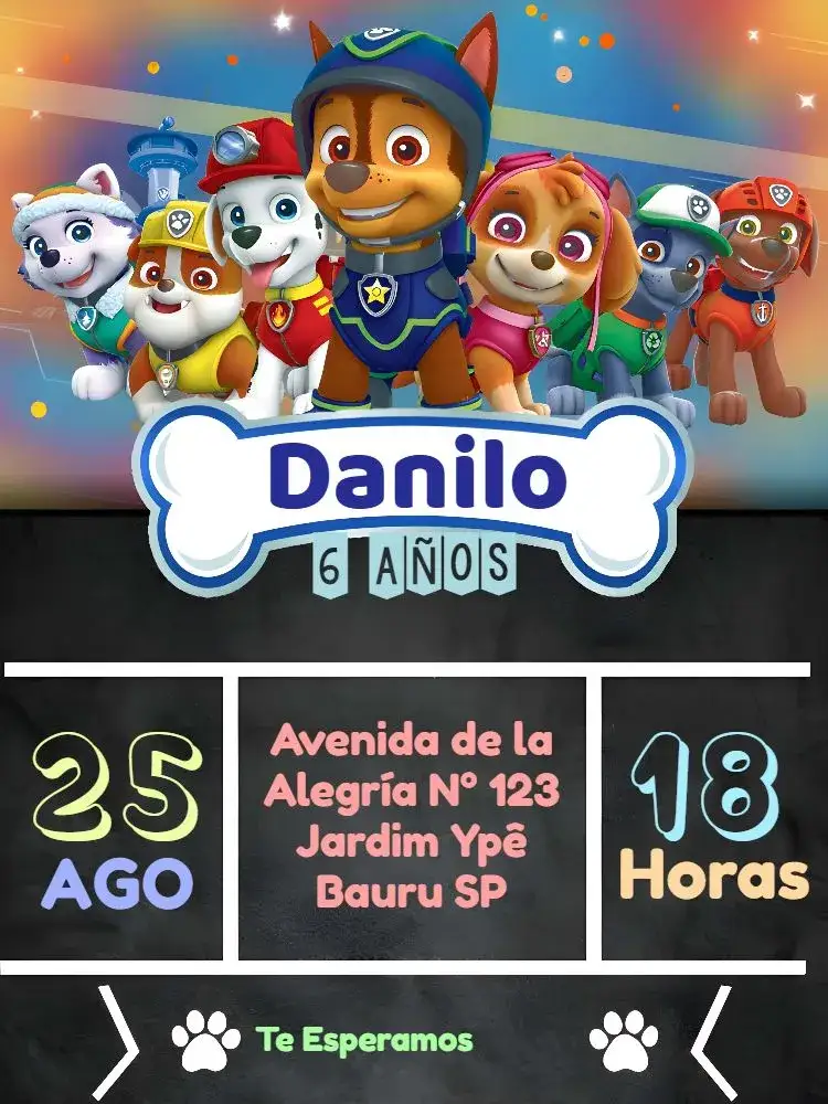Invitación Patrulla Canina Niño – tema Cumpleaños Infantil colorido, divertido, temático, infantil, vibrante