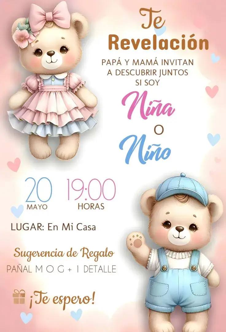 Invitación Fiesta de Revelación de Género Ositos Bebé editable y personalizable