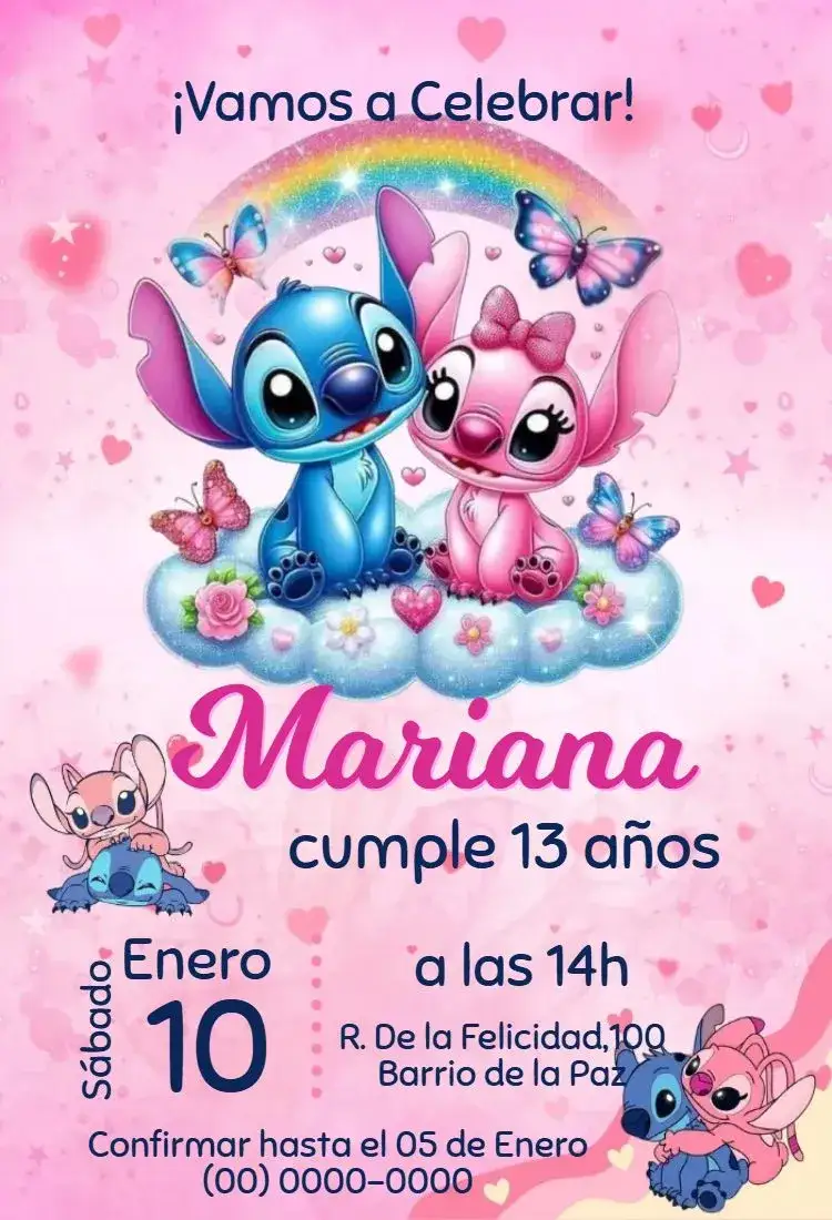 Invitación Bluey y Angel – tema Más buscados azul, rosa, lúdico, divertido, temático, colorido