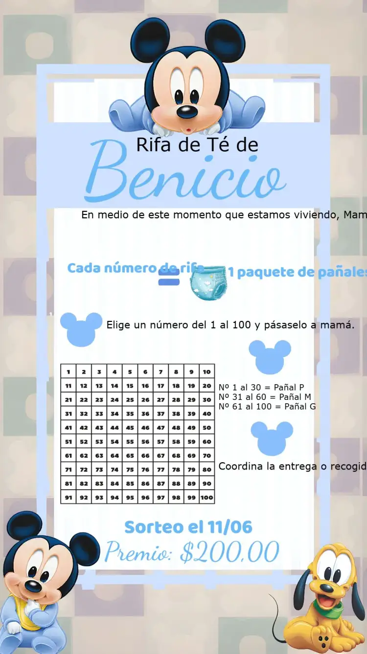 Invitación Chá Rifa Mickey Mouse Baby Números – tema Té Rifa temático, colorido, infantil, lúdico, moderno, divertido