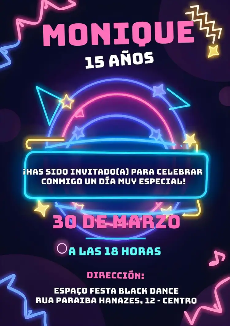 Invitación Discoteca Años 70 Neon 80 – tema 15 años neón, vibrante, retro, colorido, discoteca