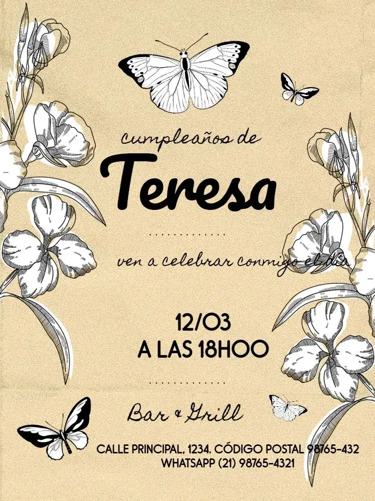 Invitación S De Mariposa Rústico Masculino – tema Cumpleaños Infantil rústico, floral, delicado, oscuro, masculino