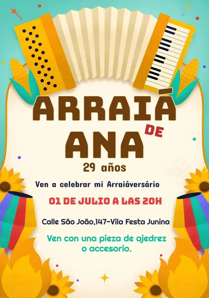 Invitación Fiesta Junina João – tema Fechas Conmemorativas vibrante, colorido, tradicional, nordestino, rústico, festivo