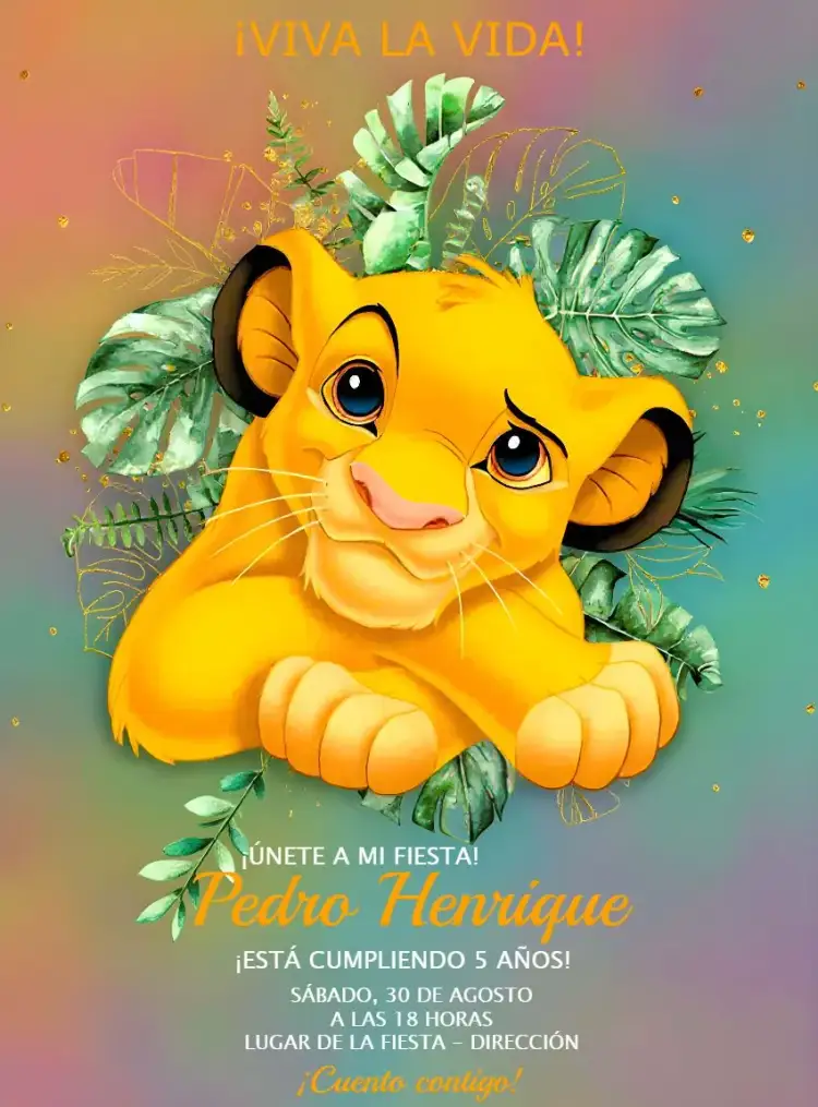 Invitación Rey León Niño – tema Cumpleaños Infantil selva, colorido, divertido, temático, animales