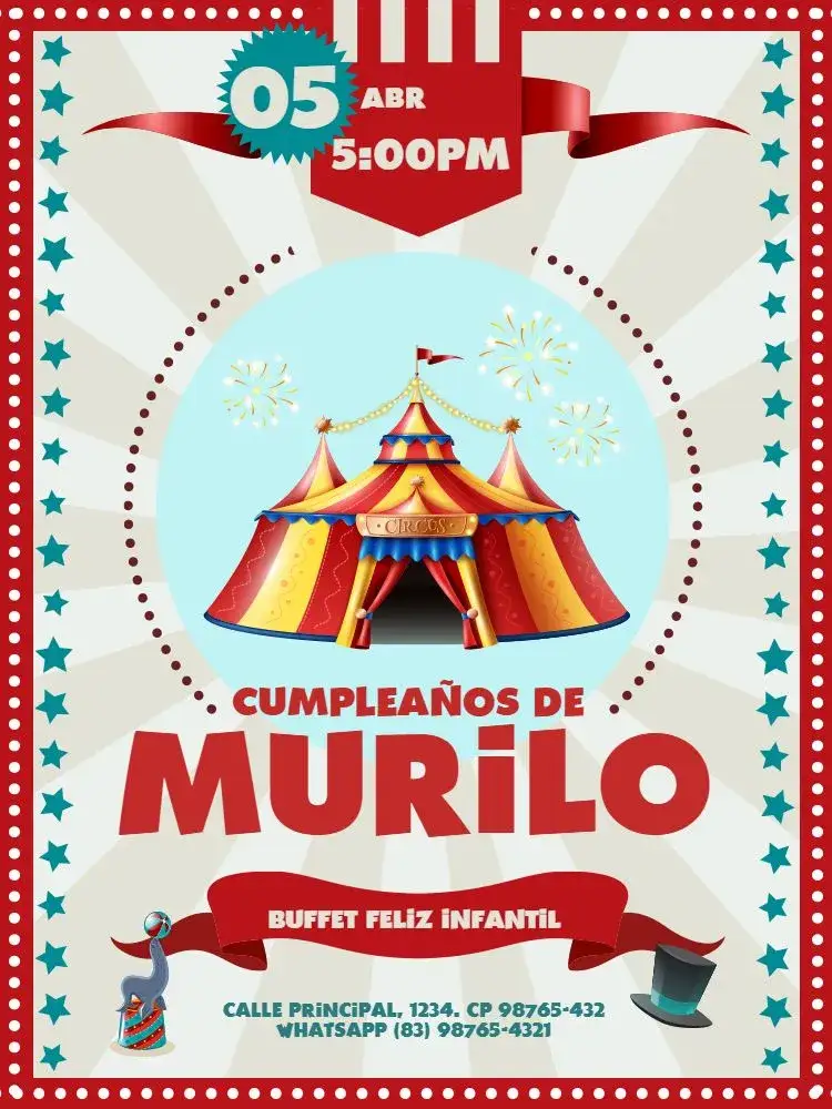 Invitación Circo Claro Vermelho – tema Cumpleaños Infantil colorido, lúdico, divertido, animales, circense