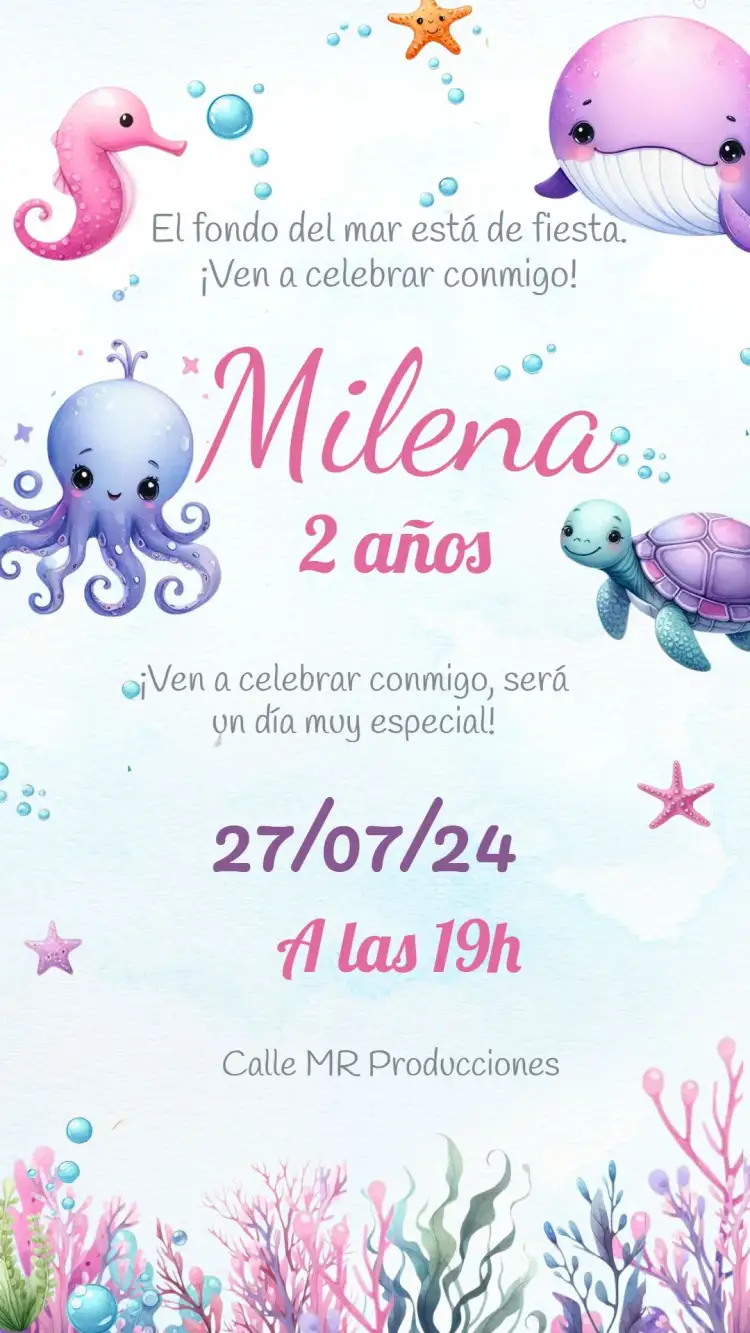 Invitación Fondo Del Mar Tortuga – tema Cumpleaños Infantil fondo marino, marino, colores suaves, ilustraciones lúdicas, tortugas, elementos acuáticos