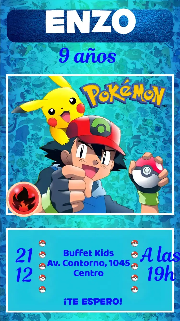 Invitación Pokemon – tema Cumpleaños Infantil colorido, divertido, jovial, temático, anime, aventura