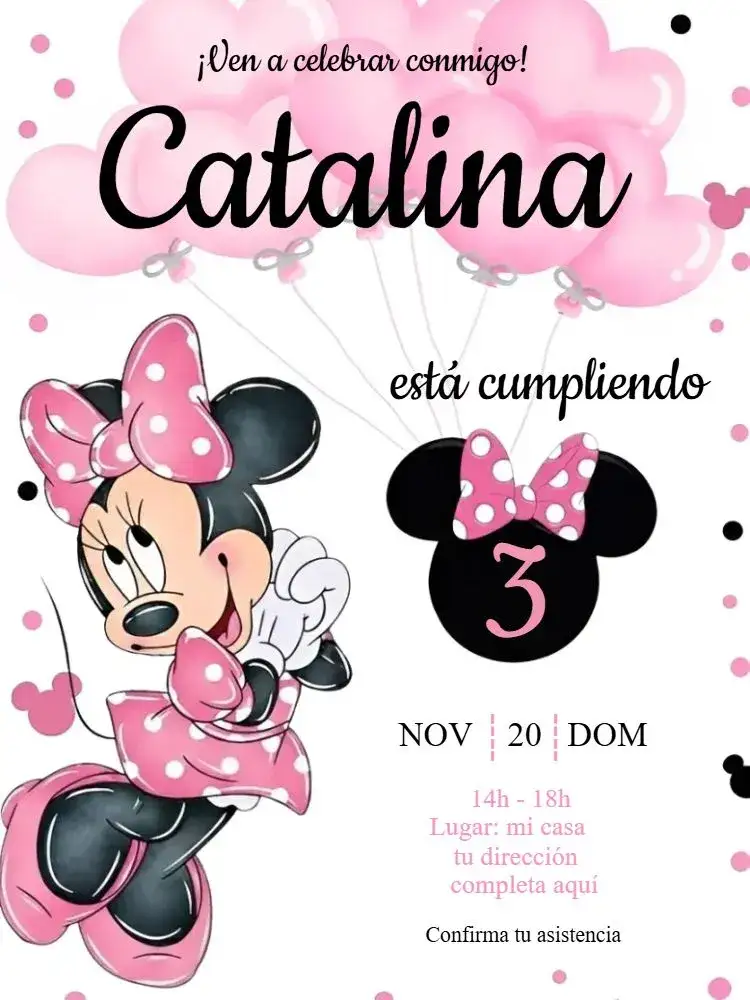 Invitación Minnie Rosa Acuarela – tema Cumpleaños Infantil acuarela, rosa, Disney, infantil, lúdico, divertido