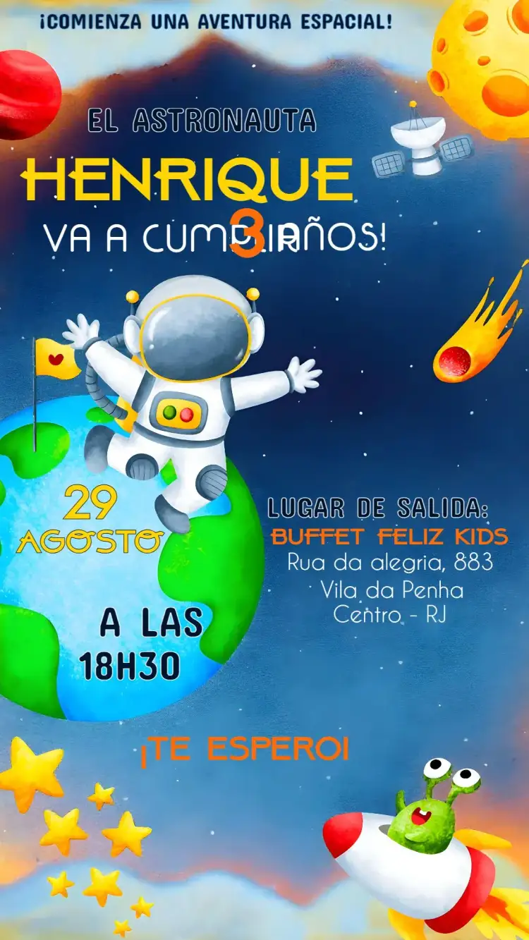 Invitación Astronauta – tema Más buscados espacial, divertido, colorido, moderno, lúdico, infantil
