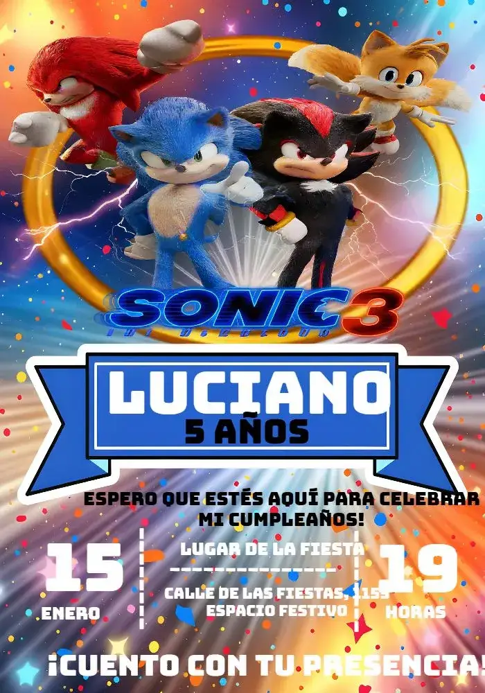 Invitación Sonic The Hedgehog Tails – tema Cumpleaños Infantil colorido, juegos, infantil, divertido, dinámico, temático
