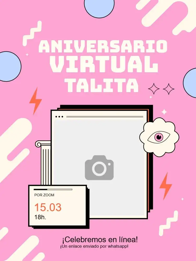 Invitación Fiesta Virtual Online – tema Cumpleaños Infantil rosa, años 90, divertido, colorido, nostálgico, virtual