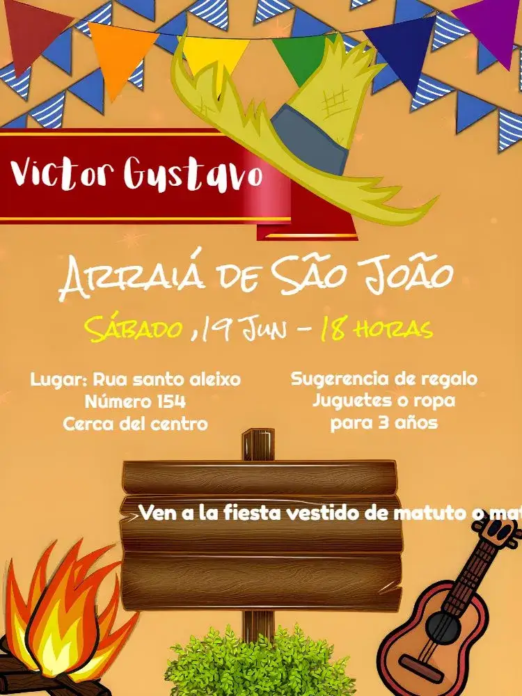 Invitación Arraiá Festa Junina Placa – tema Fechas Conmemorativas vibrante, rústico, tradicional, colorido, festivo