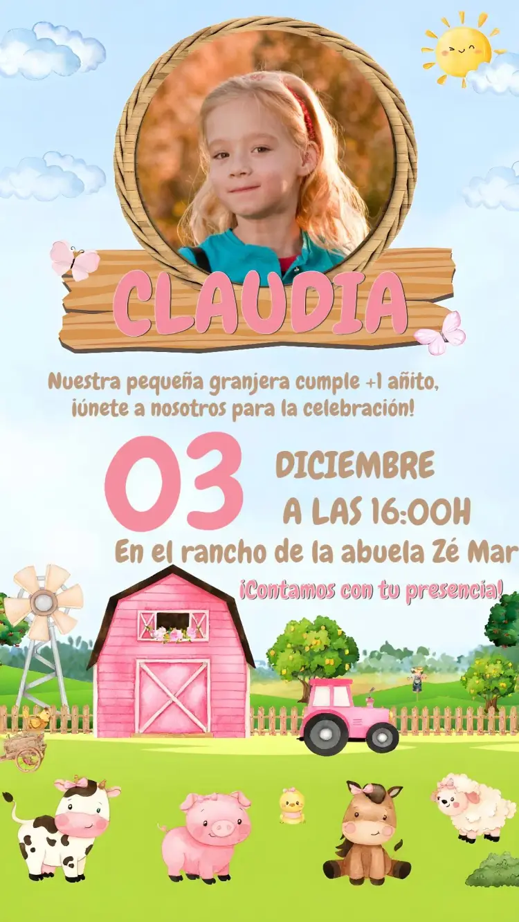 Invitación Granja Rosa con Foto Acuarela