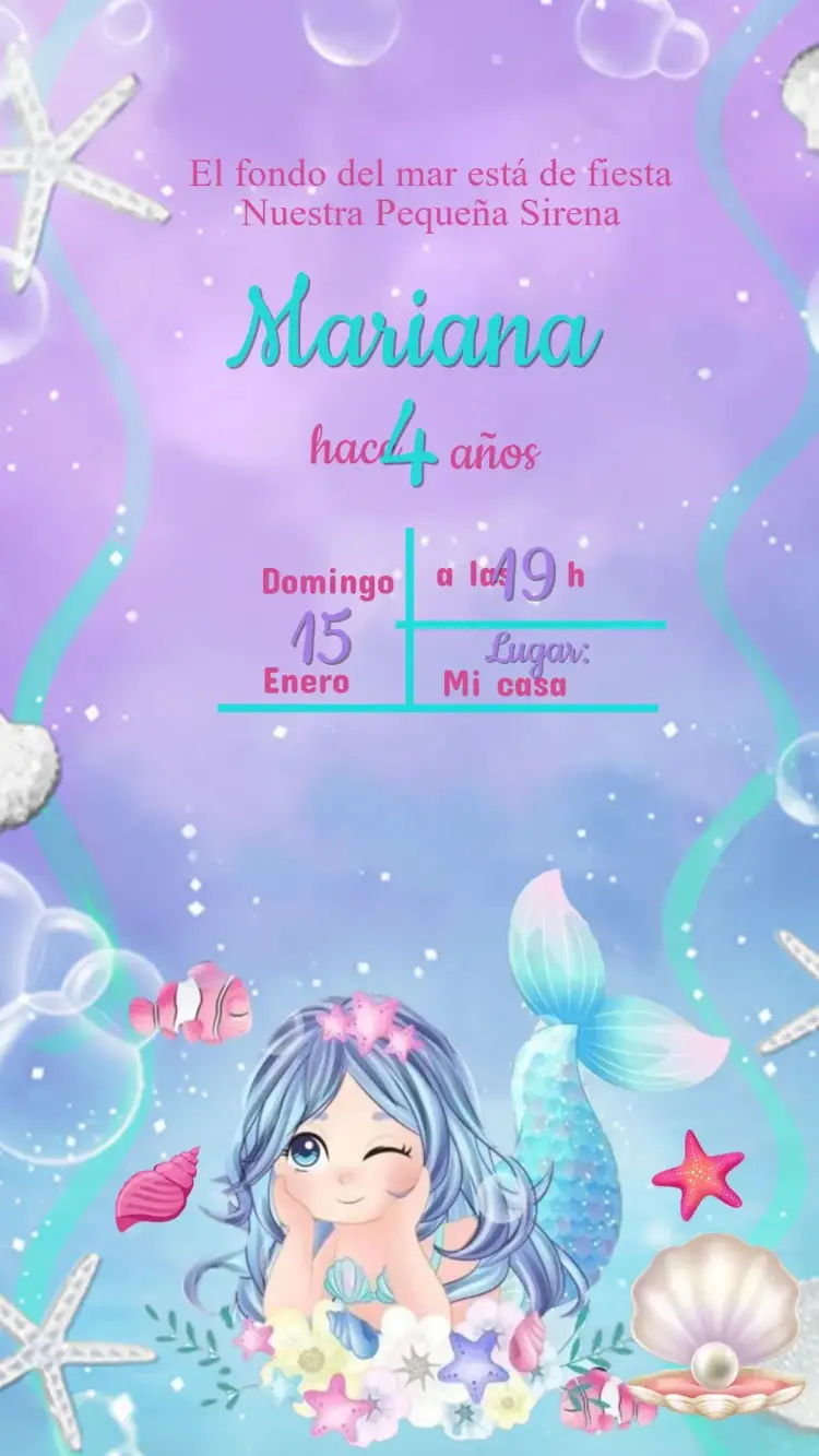 Invitación Cumpleaños Sirena Fondo del Mar