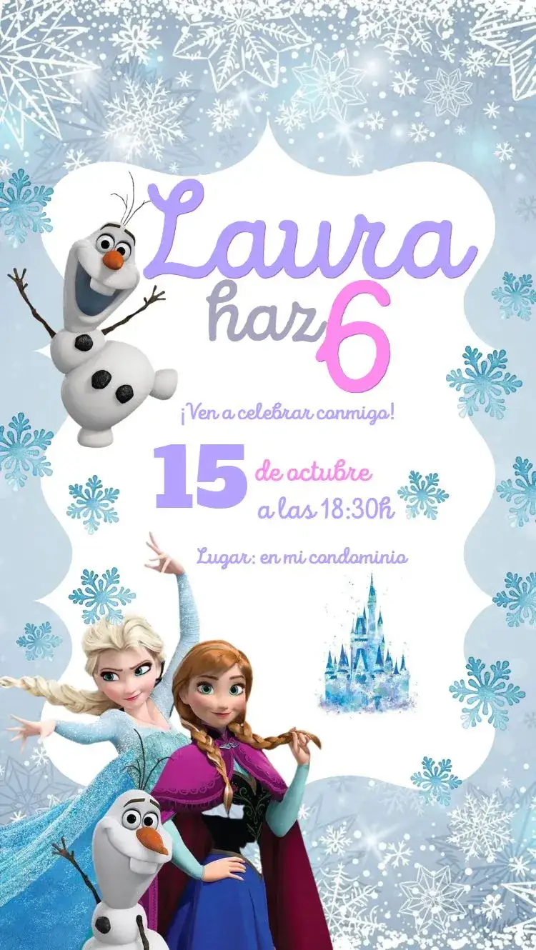 Invitación Frozen – tema Cumpleaños Infantil azul y rosa, mágico, inspirado en Disney, nieve, personajes de fantasía
