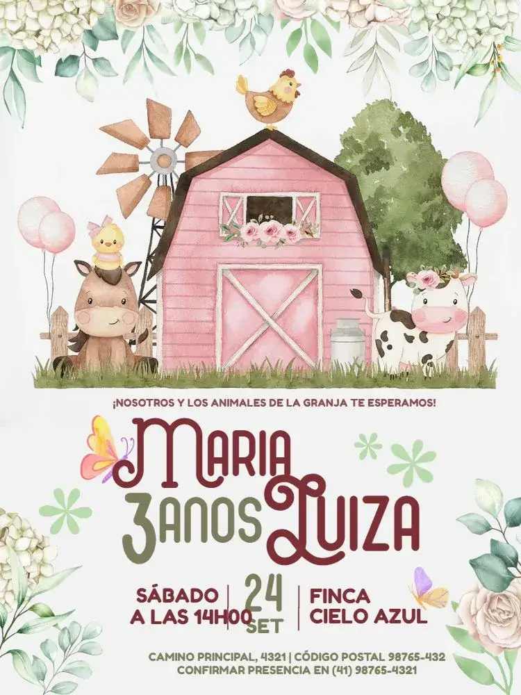 Invitación Fiesta Virtual Granja Rosa – tema Cumpleaños Infantil acuarela, lúdico, floral, rural, suave, colorido