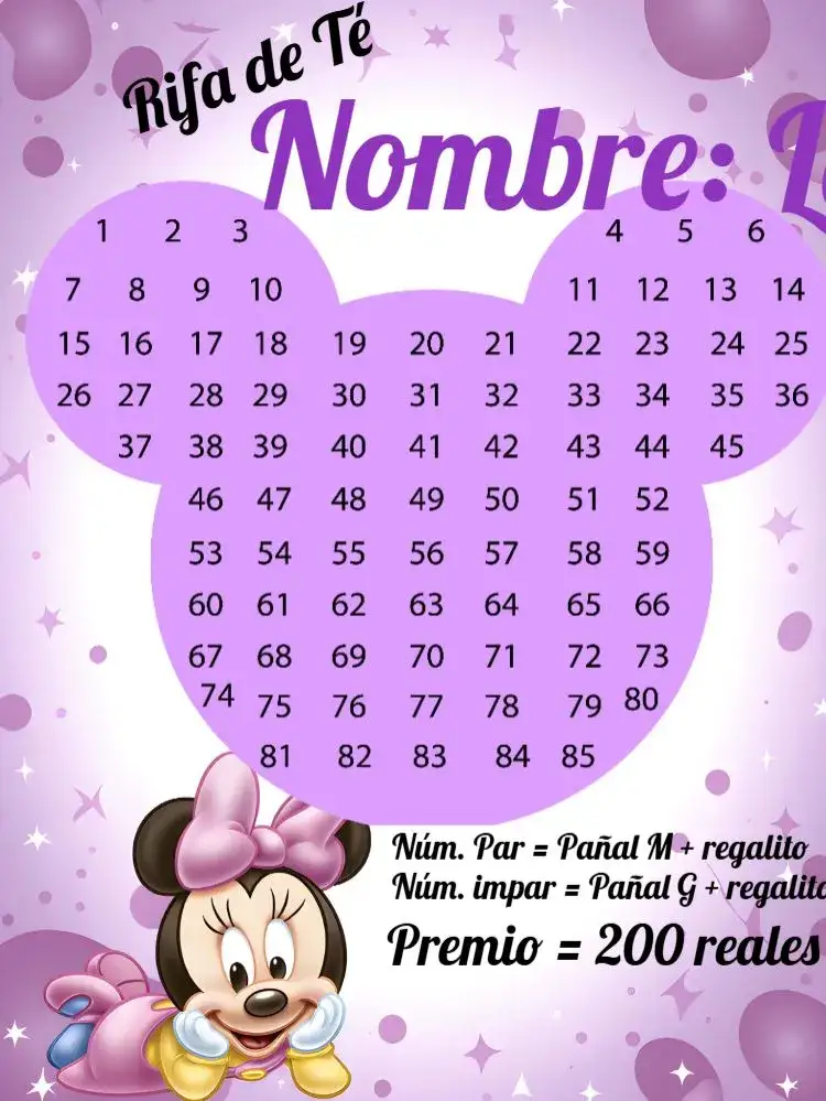 Invitación Té Rifa Minnie Mouse Baby Números – tema Té Rifa lúdico, colorido, infantil, moderno, temático, divertido