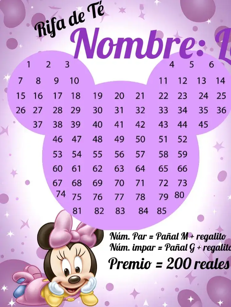 Invitación Té Rifa Minnie Mouse Baby Números
