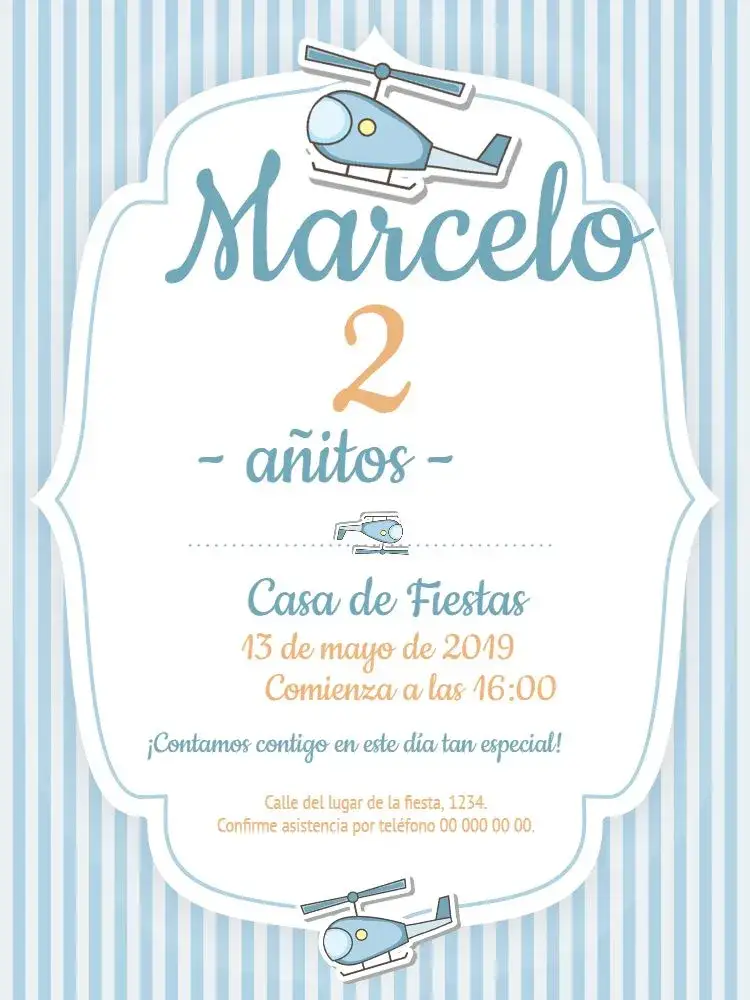 Invitación Helicópteros Bebé – tema Baby Shower rayas, azul, infantil, moderno, aéreo, divertido