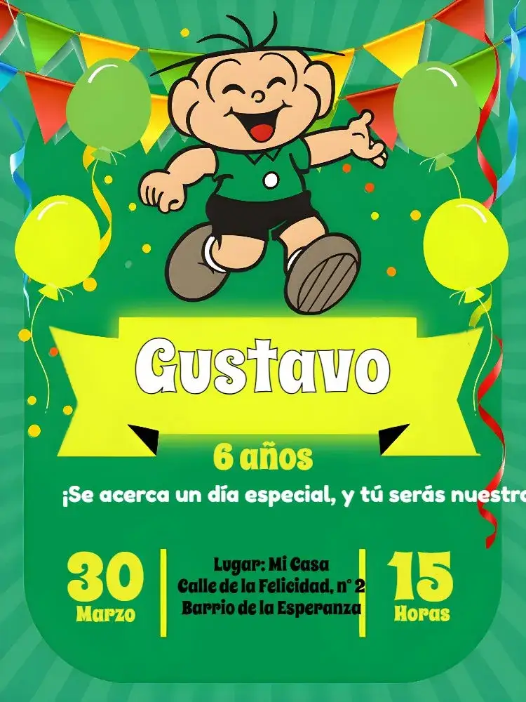 Invitación Cebolinha Turma Da Mônica Verde editable y personalizable