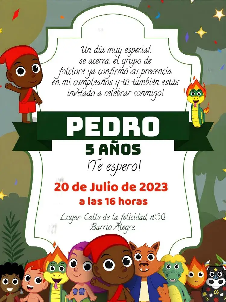 Invitación Grupo Del Folclore Verde – tema Cumpleaños Infantil colorido, folclórico, naturaleza, divertido, infantil