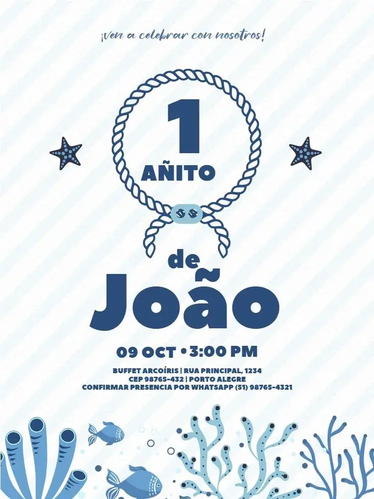 Invitación Infantil De 1 Año Marinero Azul editable y personalizable