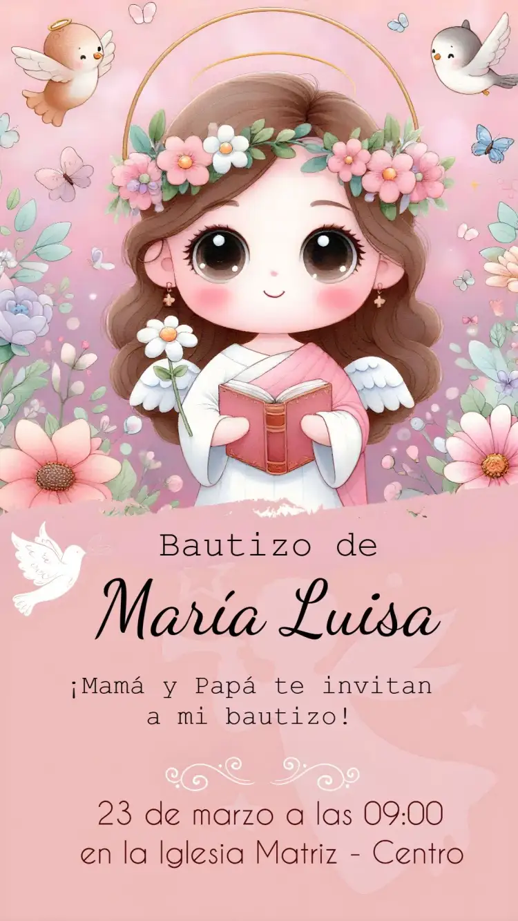 Invitación Bautizo Niña Rosa – tema Bautismo rosa, floral, delicado, minimalista, moderno
