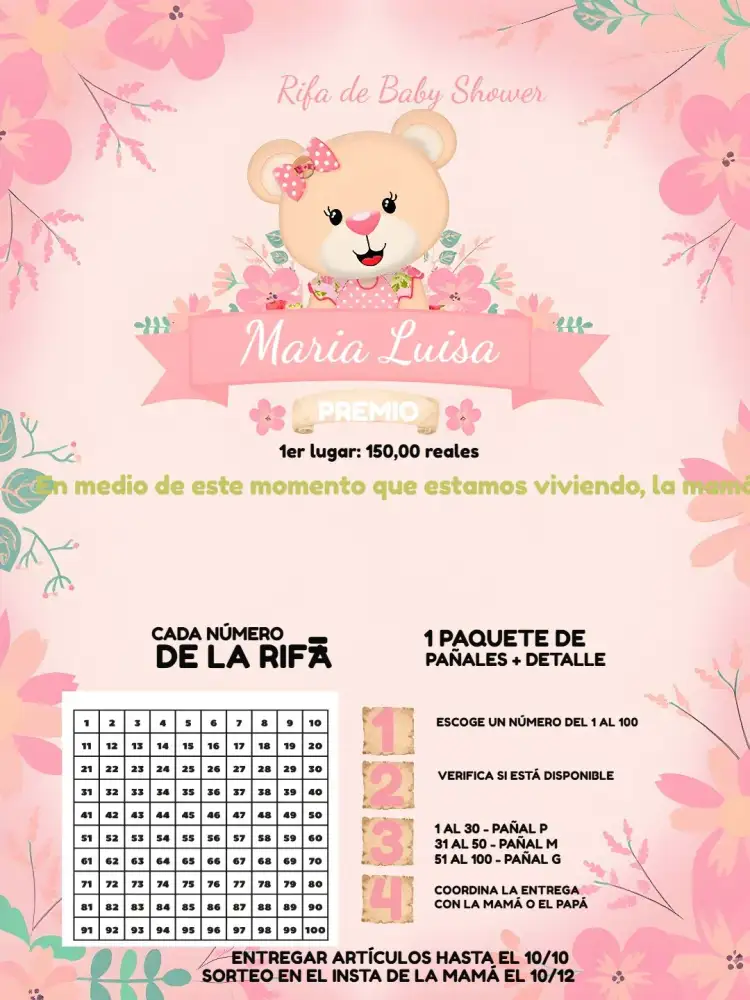 Invitación Chá Rifa Osita Globos Bebé – tema Té Rifa rosa y dorado, osita, decoración con globos, fiesta infantil, moderno, divertido