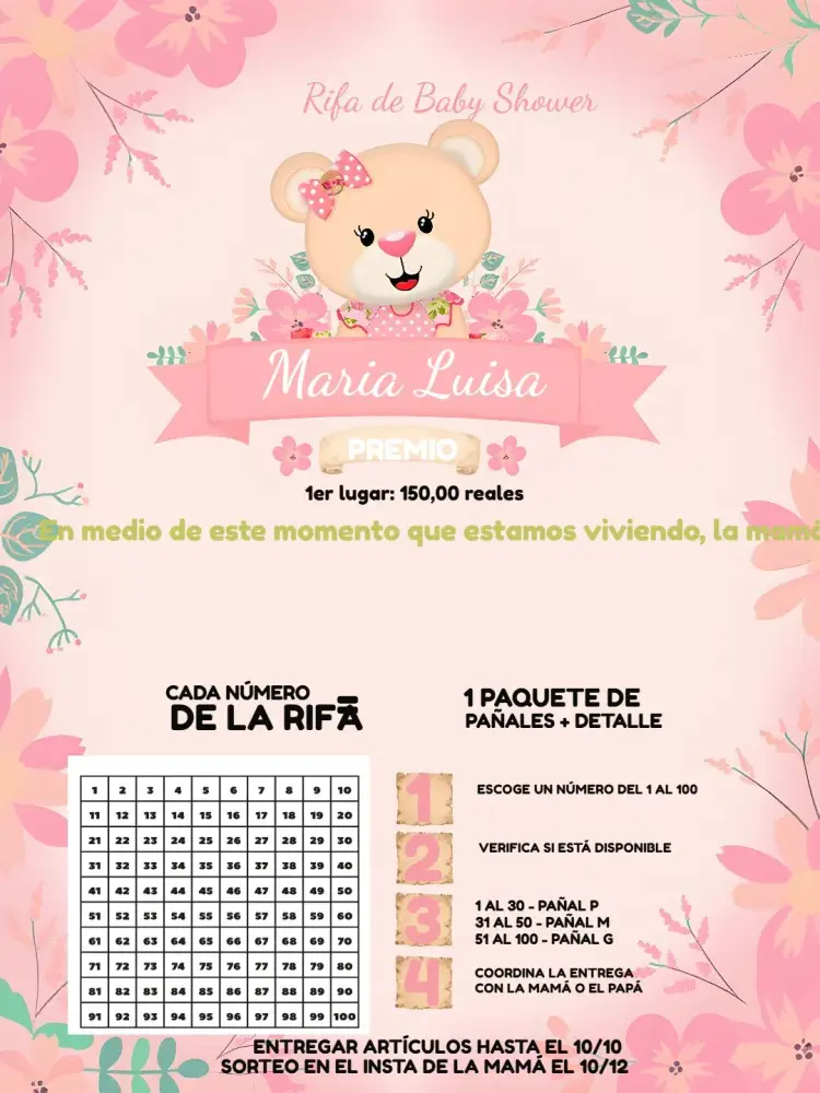Invitación Chá Rifa Osita Globos Bebé