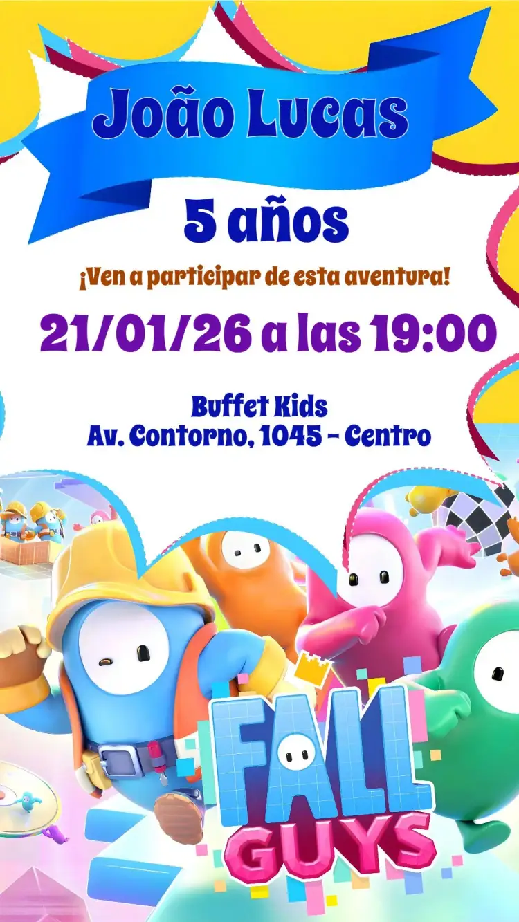 Invitación Fall Guys – tema Cumpleaños Infantil colorido, divertido, juegos, vibrante, lúdico, moderno