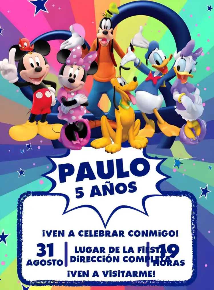 Invitación Grupo De Mickey Colorido – tema Cumpleaños Infantil colorido, divertido, infantil, temático, vibrante, mágico