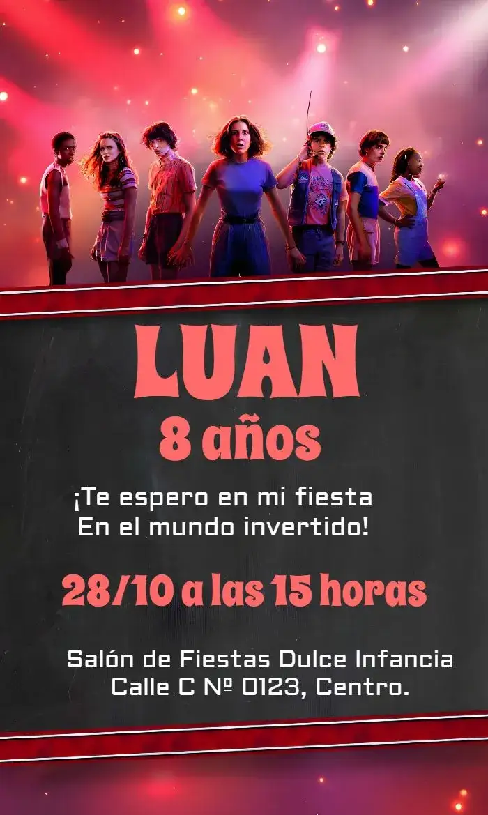 Invitación Stranger Things Rojo – tema Más buscados pizarra, rojo vibrante, estilo retro, inspirado en la serie, divertido y lúdico, temática de aventura