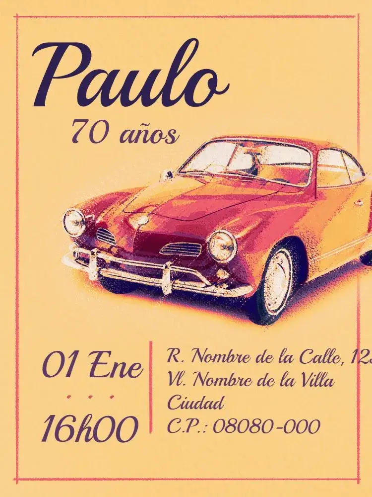Invitación Virtual 70 Anos - Coche Dibujo – tema Cumpleaños Infantil vintage, alegre, colorido, automotivo, nostálgico, infantil