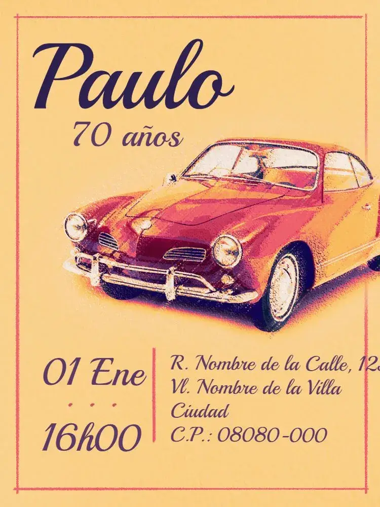 Invitación Virtual 70 Anos - Coche Dibujo editable y personalizable