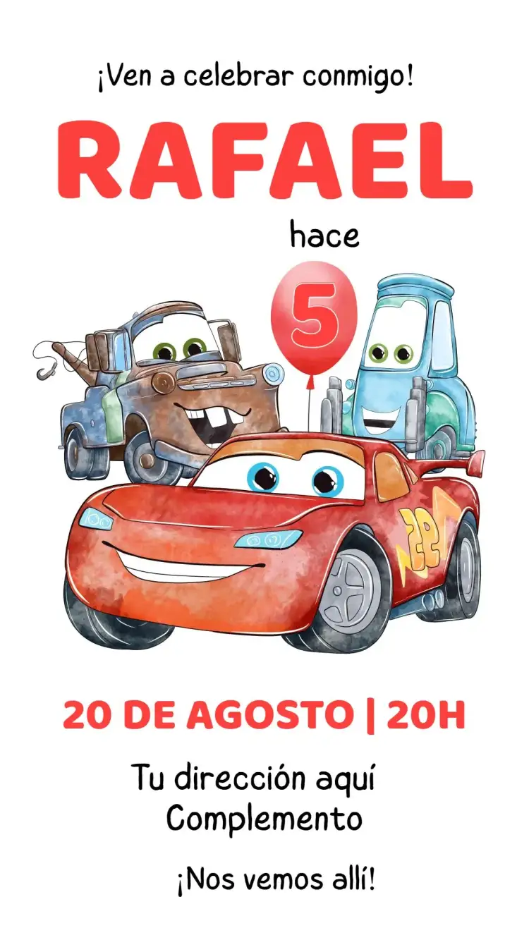 Invitación Autos – tema Cumpleaños Infantil colorido, divertido, temático, ilustraciones de autos, estilo Disney, vibrante