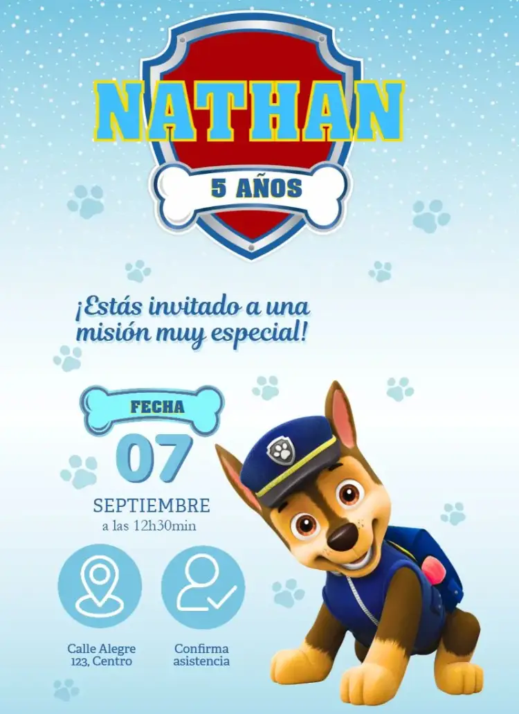 Invitación Patrulla Canina Chase editable y personalizable