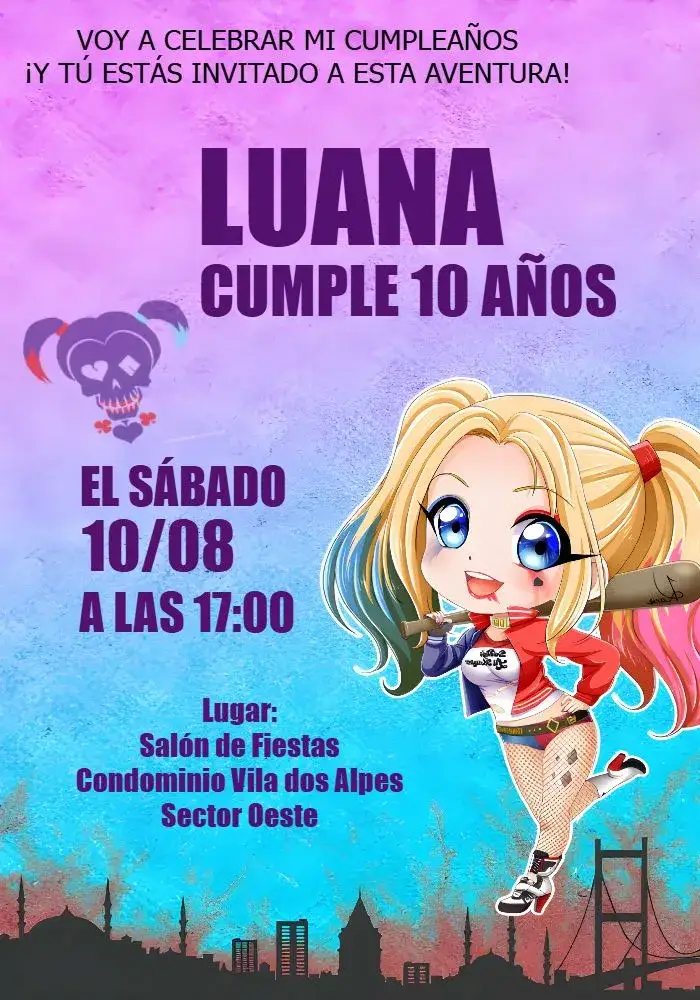 Invitación Arlequina Colorida – tema Cumpleaños Infantil colorido, divertido, temático, jovial, brincalhão