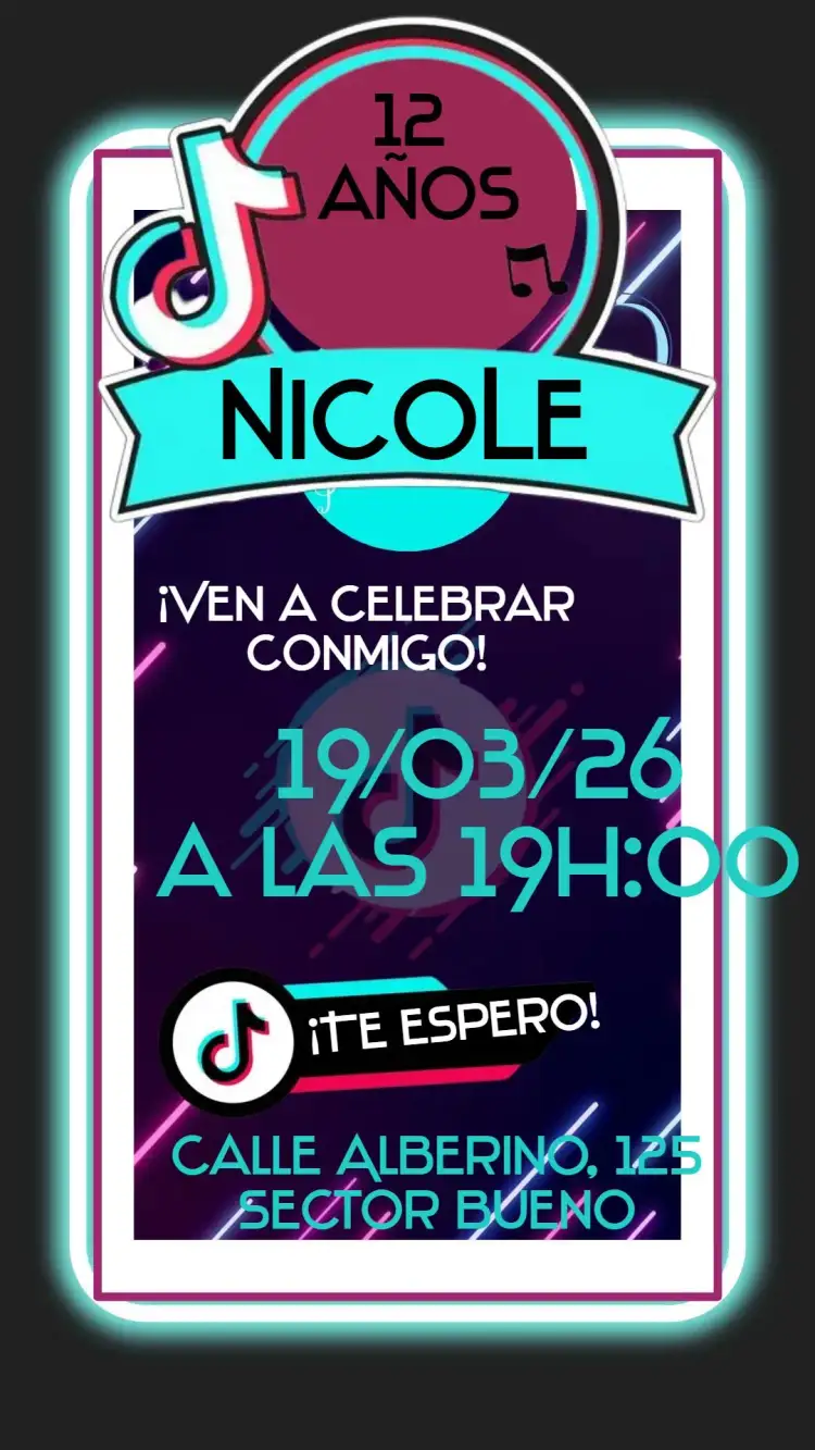 Invitación TikTok – tema Cumpleaños moderno, colorido, joven, divertido, interactivo, digital